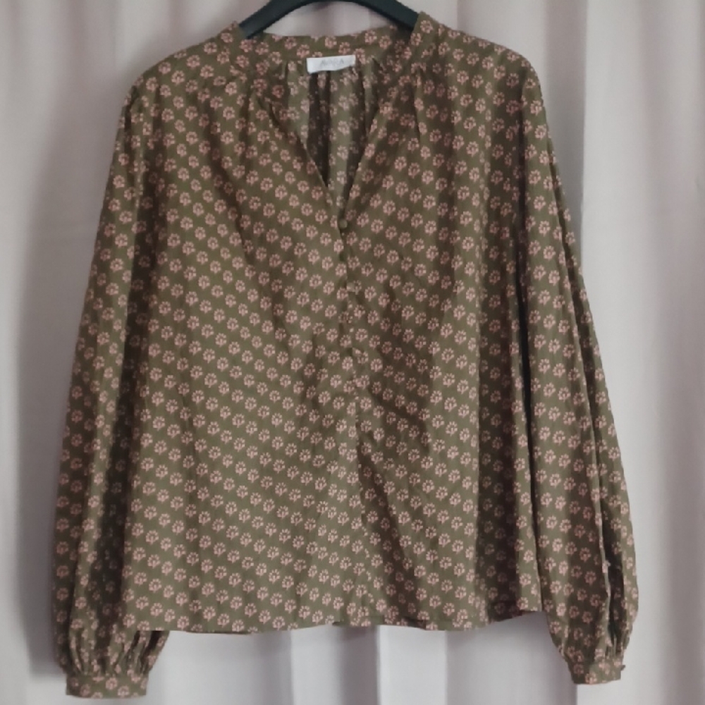 Avara Olive Green Pink Floral Long Balloon Sleeve Top, Split Neck Button Placket